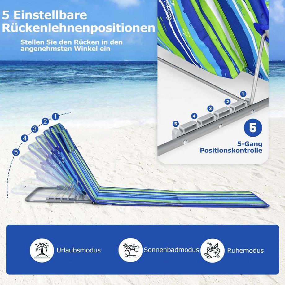 Northix  Ensemble de 2 tapis de plage avec table d'appoint et chaises longues réglables 151 x 55,5 x 27-47 bleu + vert 