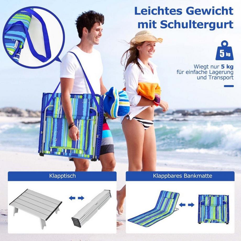 Northix  Ensemble de 2 tapis de plage avec table d'appoint et chaises longues réglables 151 x 55,5 x 27-47 bleu + vert 