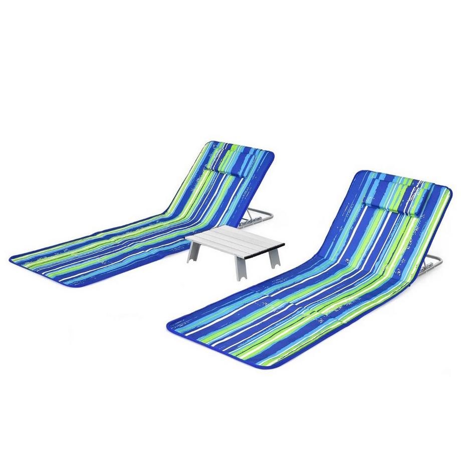 Ensemble de 2 tapis de plage avec table d'appoint et chaises longues réglables 151 x 55,5 x 27-47 bleu + vert