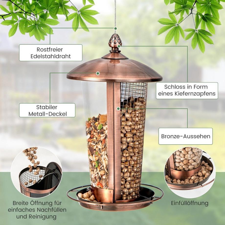 B2X  Vogelfutterspender zum Aufhängen 2-in-1-Futterhäuschen für Wildvögel 16 x 28 cm Bronze 
