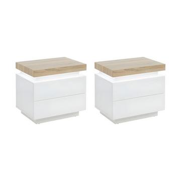 Lot de 2 tables de chevet - 2 tiroirs - MDF Laqué - Avec LEDs - Coloris : Blanc et chêne - HALO II