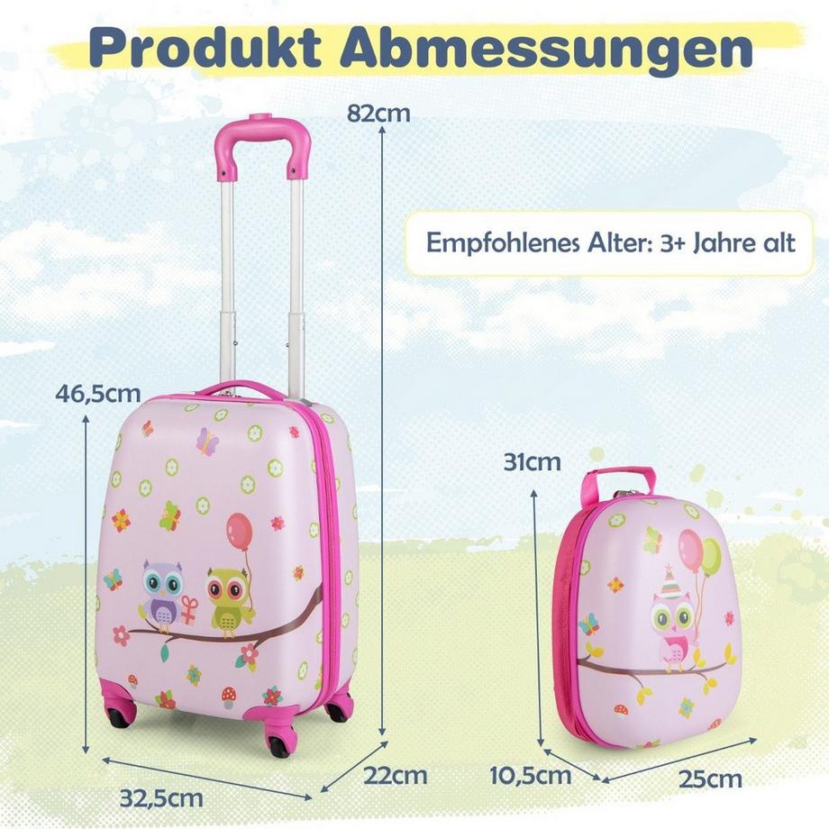Northix  Valise enfant 2 pièces + sac à dos en plastique trolley enfant 12"+16" oiseaux roses 