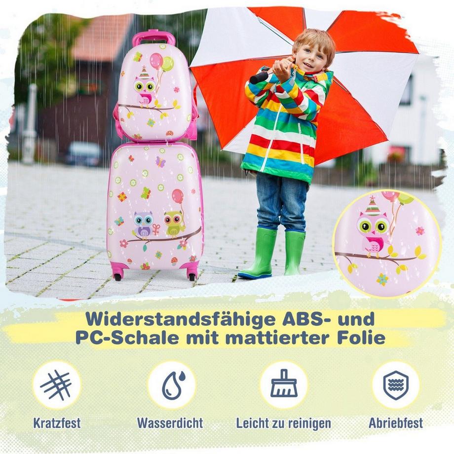 Northix  Valise enfant 2 pièces + sac à dos en plastique trolley enfant 12"+16" oiseaux roses 