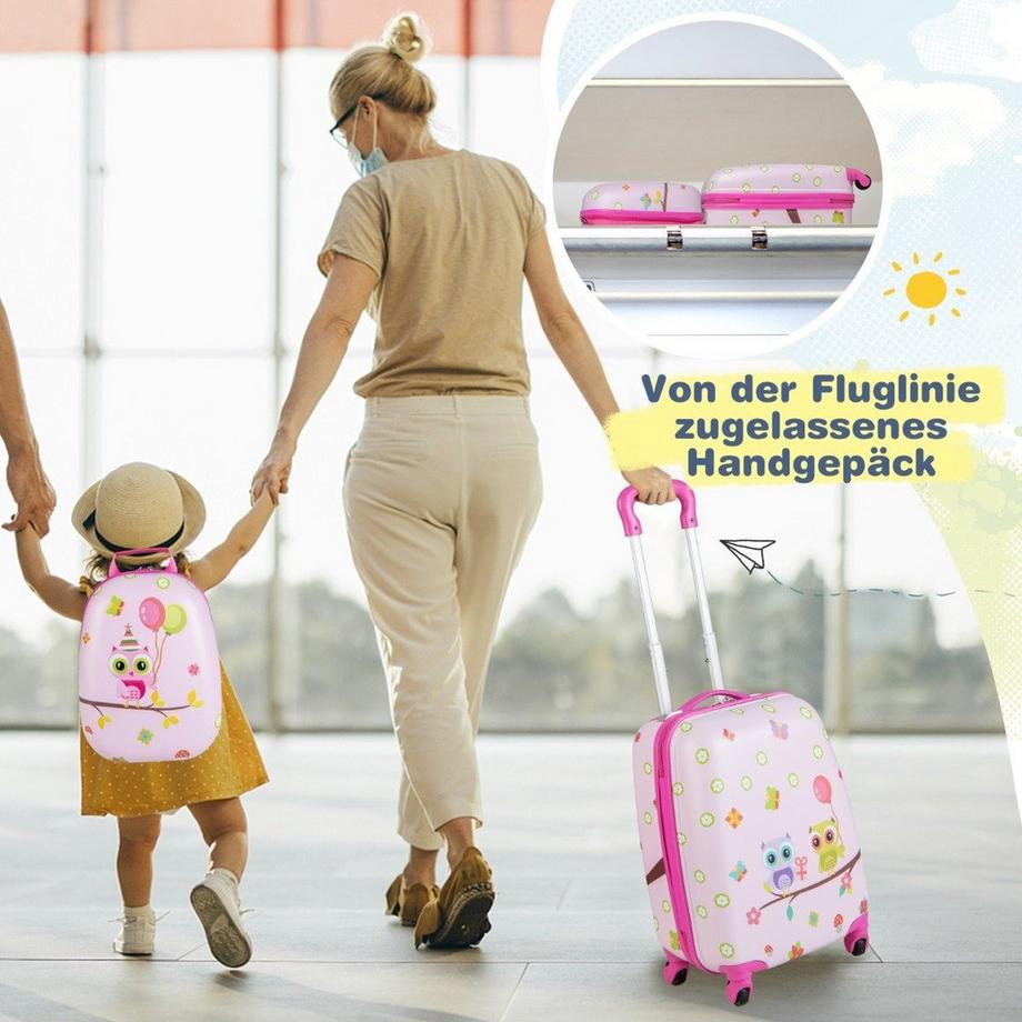 Northix  Valise enfant 2 pièces + sac à dos en plastique trolley enfant 12"+16" oiseaux roses 