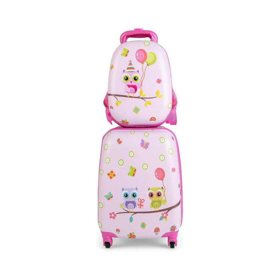 Northix  Valise enfant 2 pièces + sac à dos en plastique trolley enfant 12"+16" oiseaux roses 