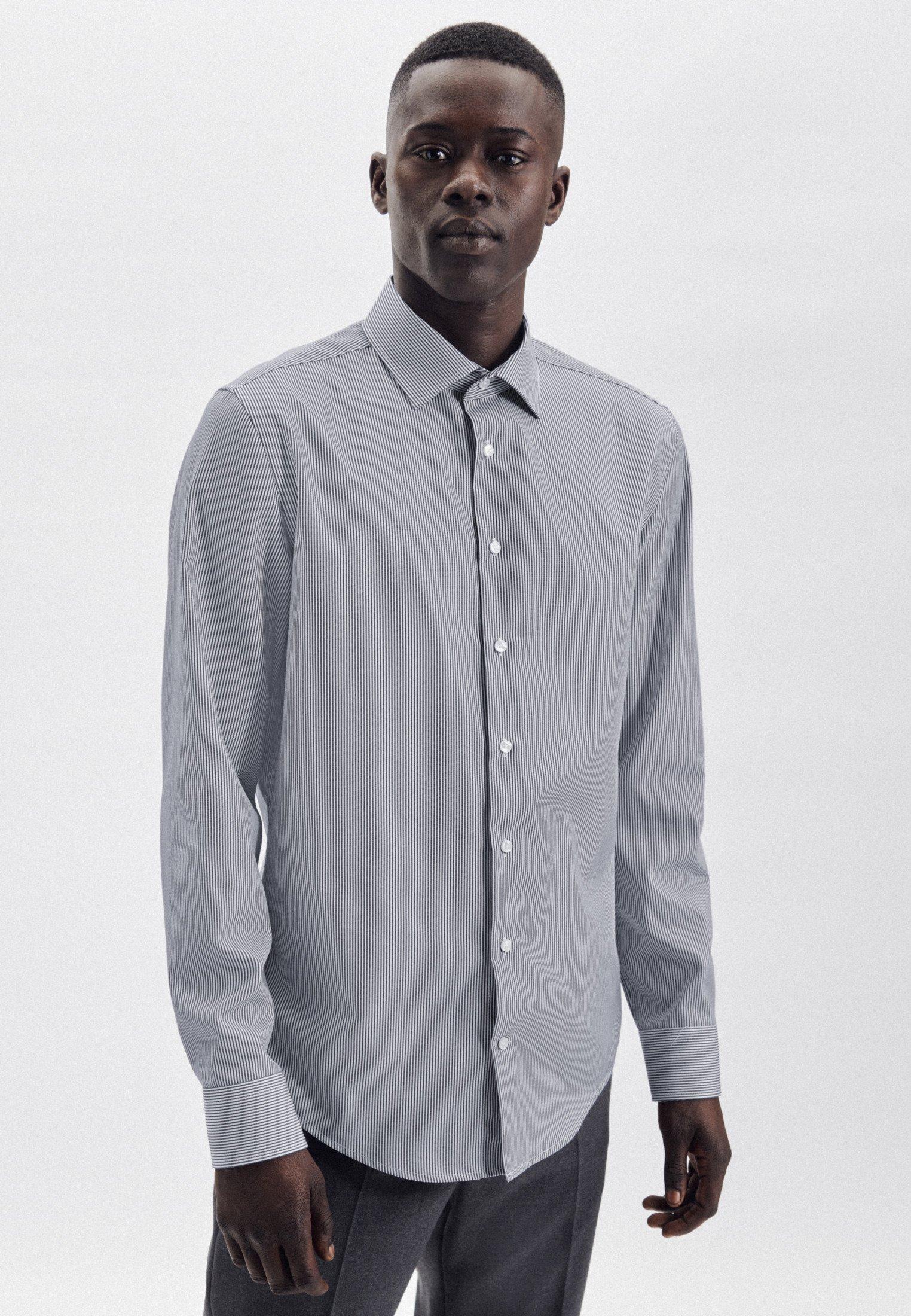 Image of Business Hemd Slim Fit Langarm Streifen Herren Dunkelblau 45