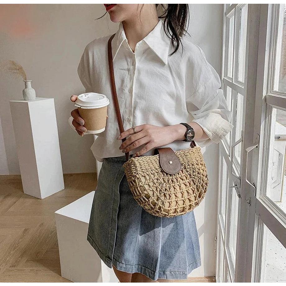 Only-bags.store Sommer Stroh Mode Halbkreis Rattan Handmade Messenger Tasche  