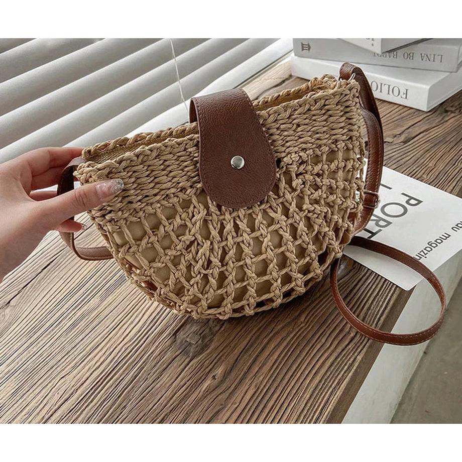 Only-bags.store Sommer Stroh Mode Halbkreis Rattan Handmade Messenger Tasche  