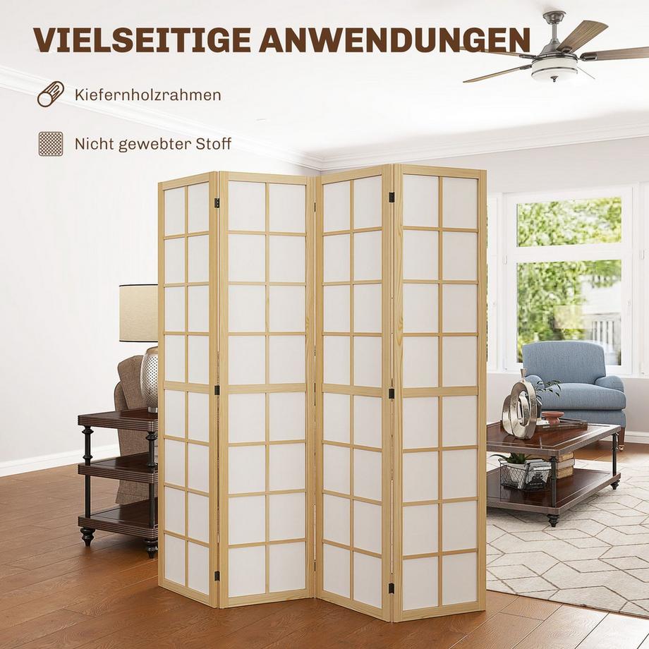 Northio Paravent 4-teilig 160 x 170 cm Trennwand Raumteiler, Faltbar Raumtrenner Sichtschutz Stellwand für Wohnzimmer Natur  