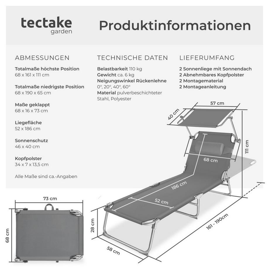 Tectake 2er Set Gartenliege Chloé klappbar stufenlos verstellbares Sonnendach  