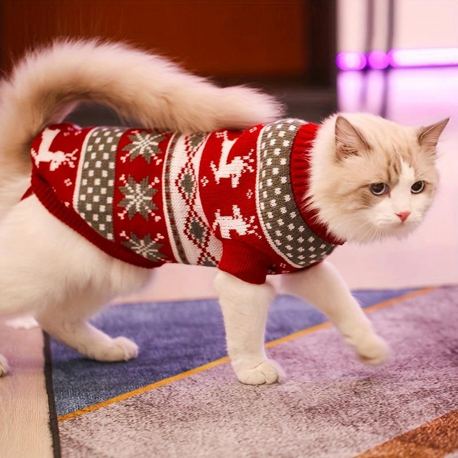 Alopini  Pull de Noël en tricot pour chats et petits chiens - motifs de rennes et de flocons de neige, pull à col roulé chaud pour l'hiver/printemps/automne, XL 