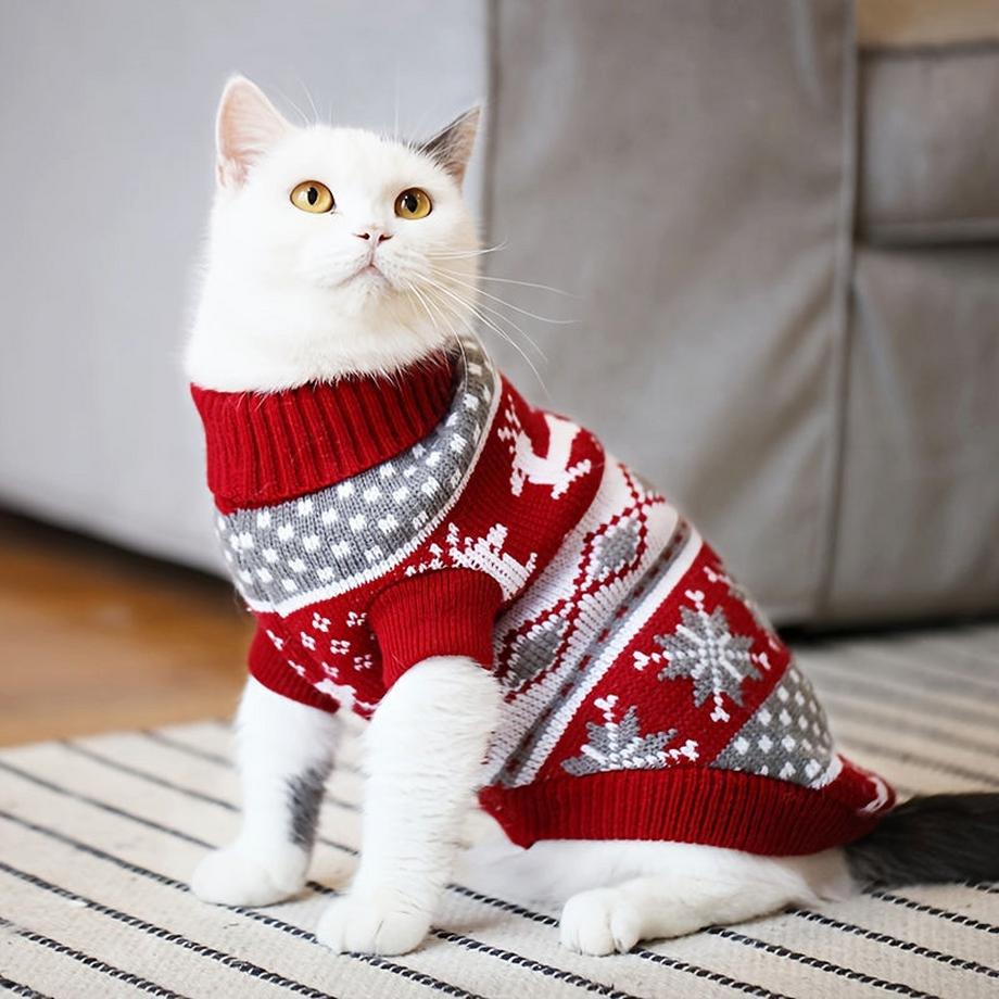 Gemütlicher Weihnachtspullover für Katzen und kleine Hunde - festliches Rentier- und Schneeflocken-Design, warmer Rollkragenpullover für Winter/Frühling/Herbst, XL