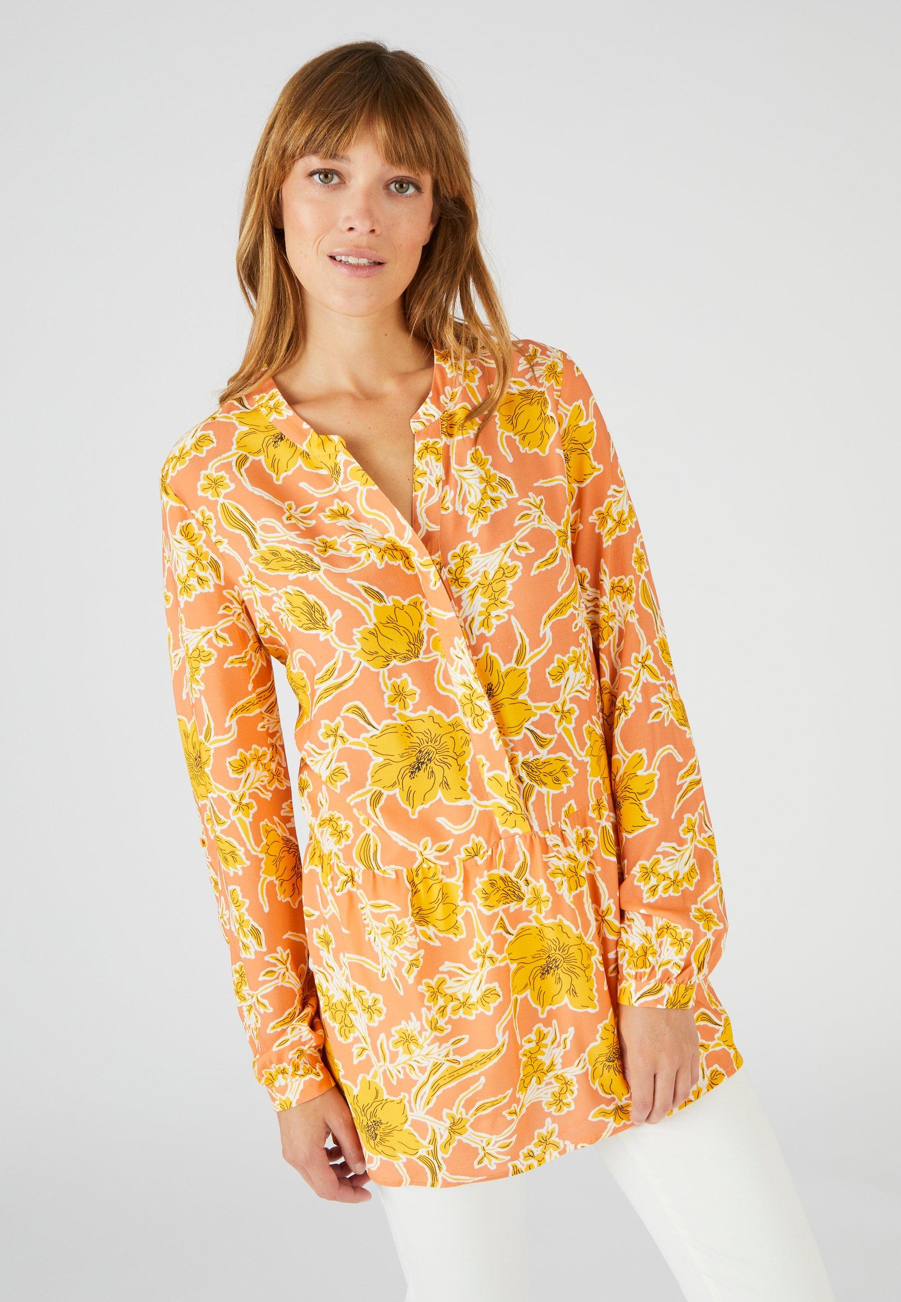 Image of Geblümte Tunika Mit Volant Am Saum. Damen Orange 52