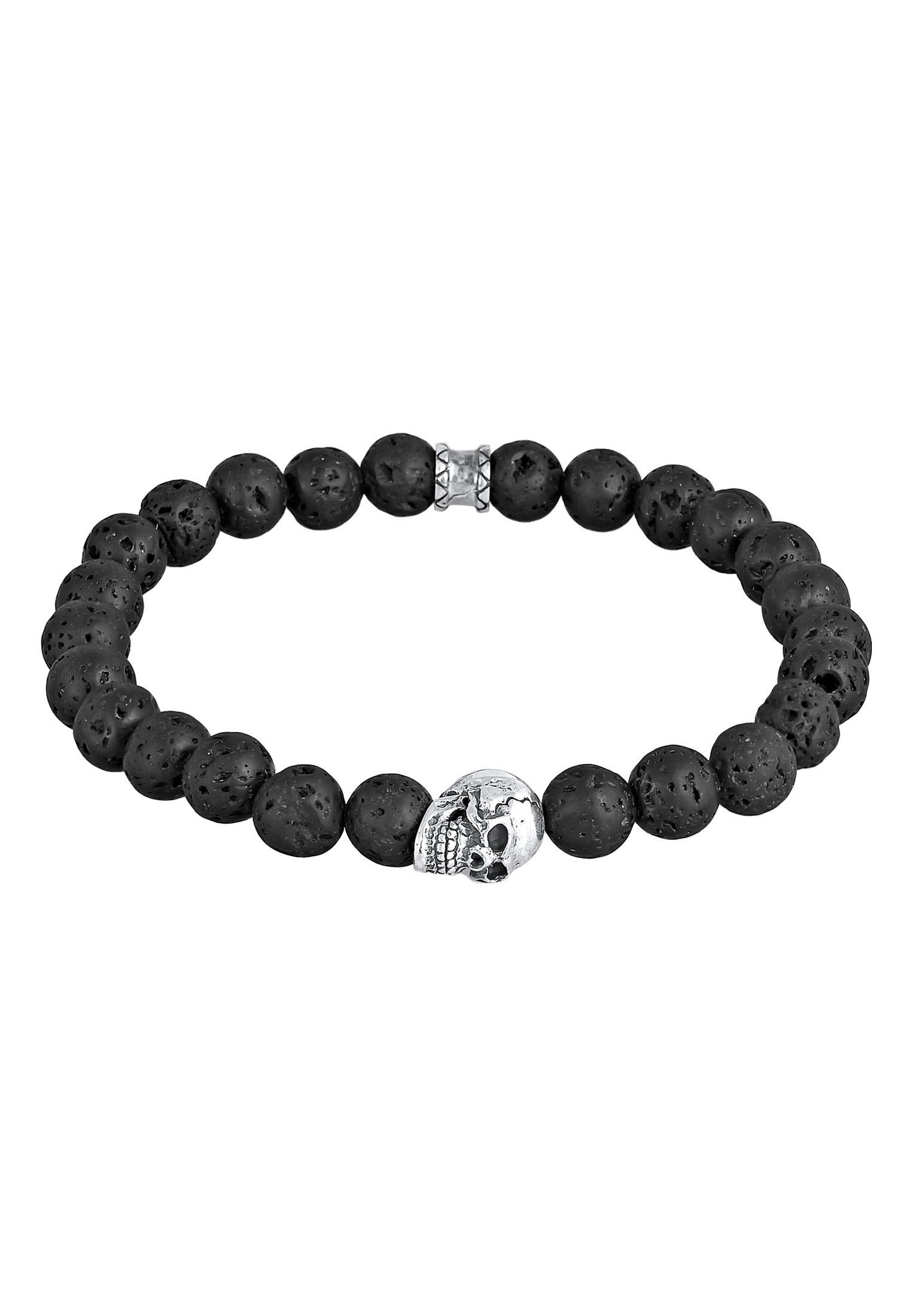 Image of Armband Totenkopf Lava Stein Perlen 925 Silber Damen Schwarz 19cm