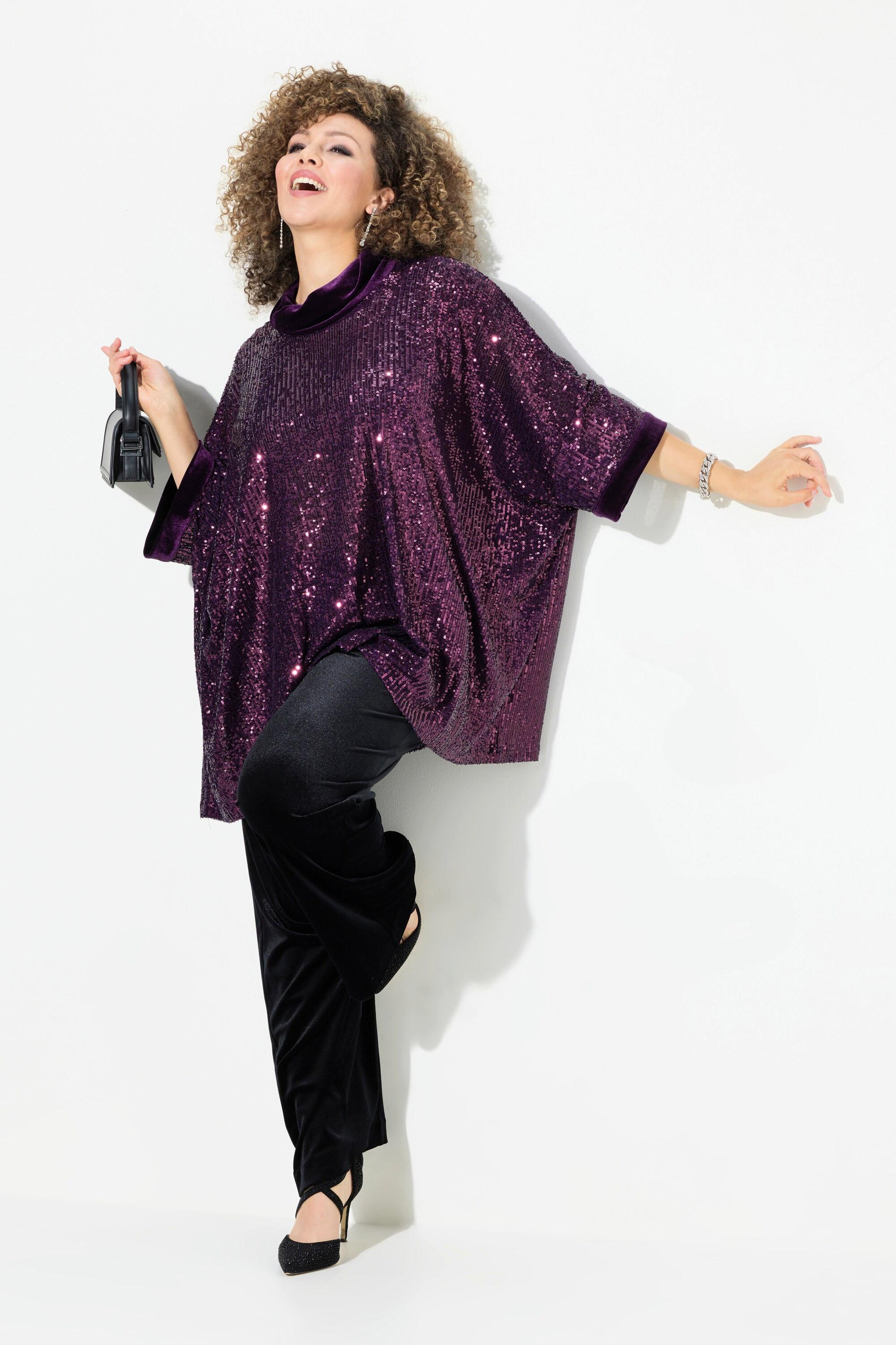 Ulla Popken  Maglia dal taglio oversize con paillettes, collo dolcevita e mezze maniche 