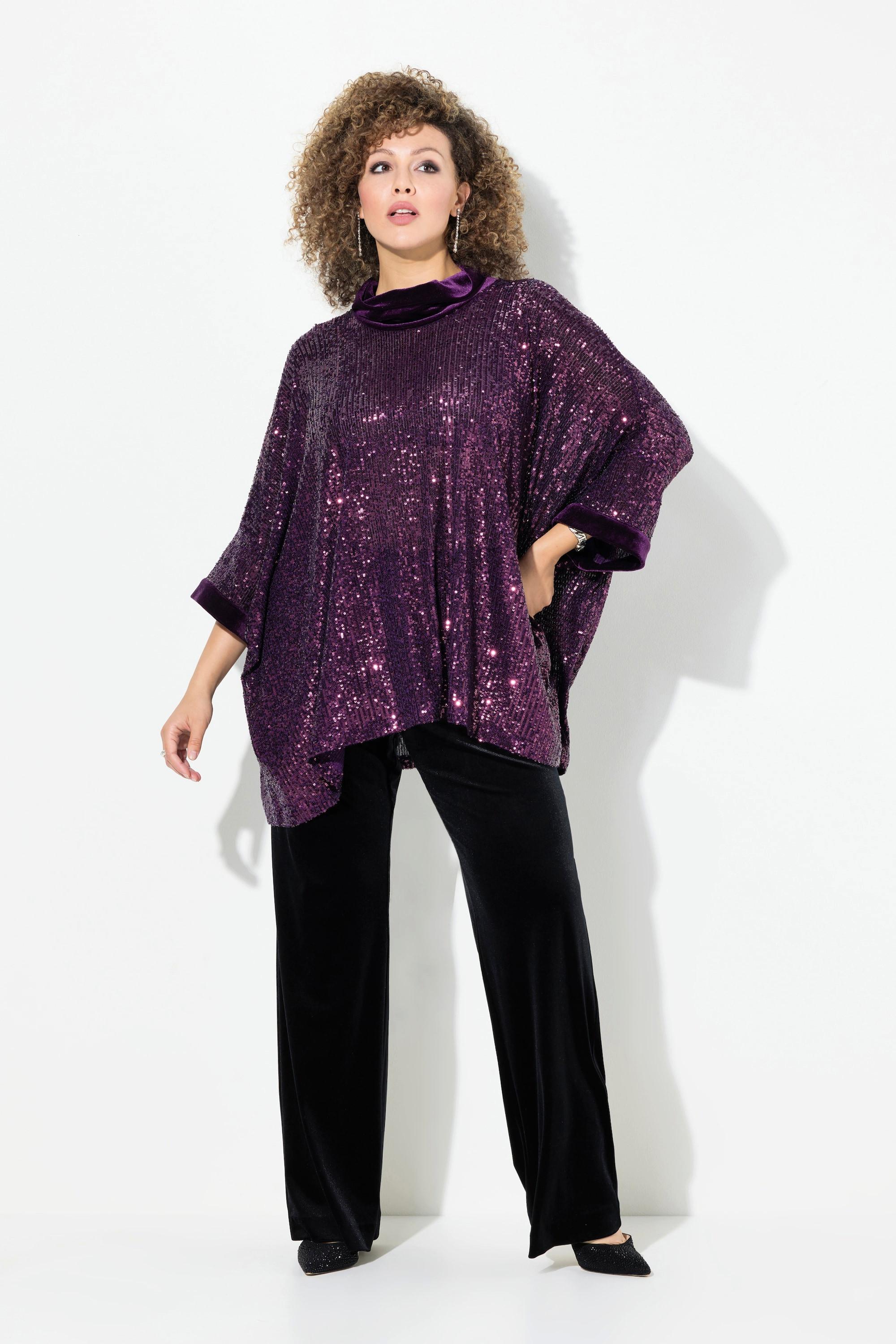 Ulla Popken  Maglia dal taglio oversize con paillettes, collo dolcevita e mezze maniche 