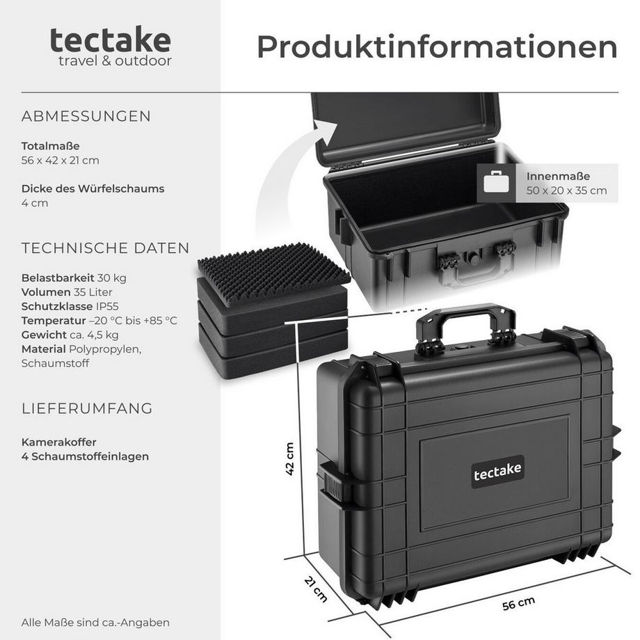 Tectake  Mallette pour appareil photo  en coque dure robuste avec 4 inserts en mousse épais 
