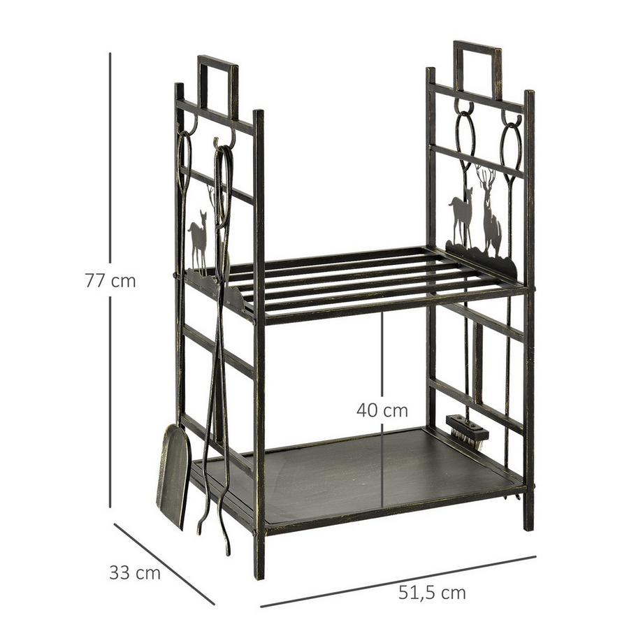 Northio Support À Bois De Chauffage Avec Couverts De Cheminée, Support À Bois De Chauffage, Support À Bois De Chauffage, Outil De Cheminée, Fer, Or, 51,5 X 33 X 77 Cm  