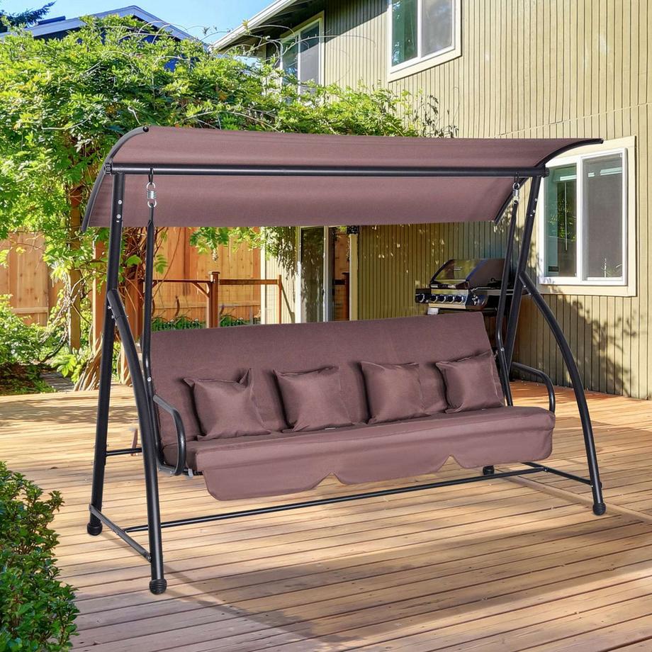 Northio Hollywoodschaukel Gartenschaukel Hängebank 3 Sitzer Schaukel Mit Verstellbarem Dach Liegefunktion Polyester Braun 215 X 120 X 165 Cm  