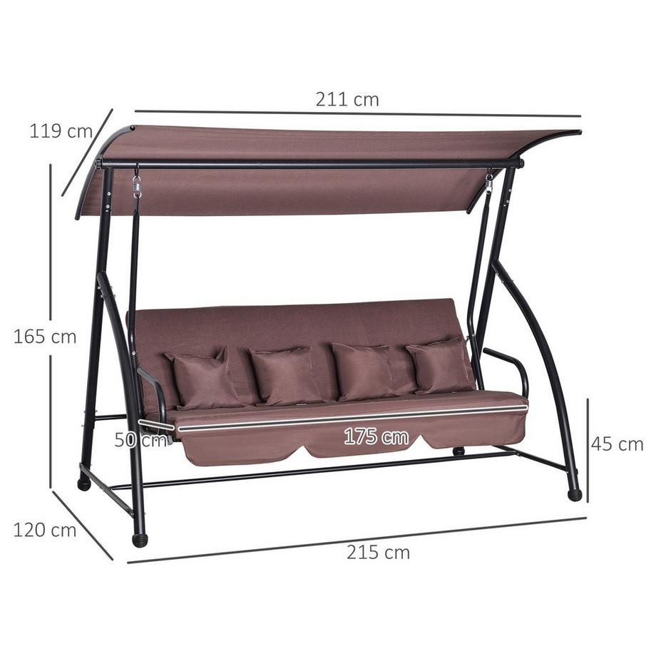 Northio Hollywoodschaukel Gartenschaukel Hängebank 3 Sitzer Schaukel Mit Verstellbarem Dach Liegefunktion Polyester Braun 215 X 120 X 165 Cm  