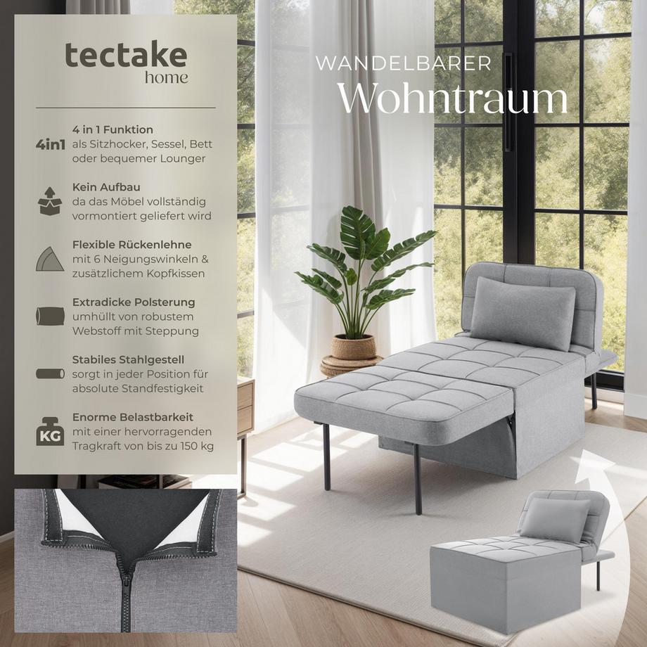 Tectake Schlafhocker Ponto 4 in 1 als Hocker, Sessel, Lounger oder Bett 6-fach verstellbare Rückenlehne  