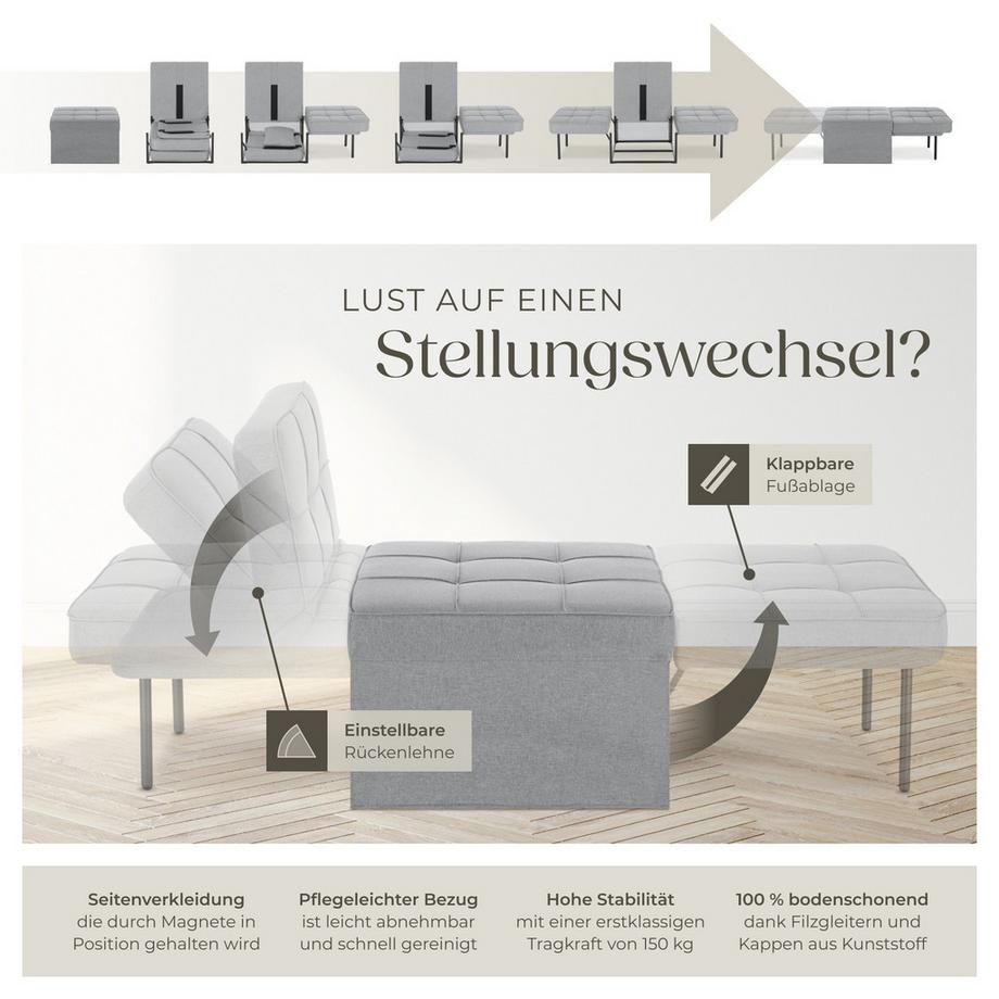 Tectake Schlafhocker Ponto 4 in 1 als Hocker, Sessel, Lounger oder Bett 6-fach verstellbare Rückenlehne  