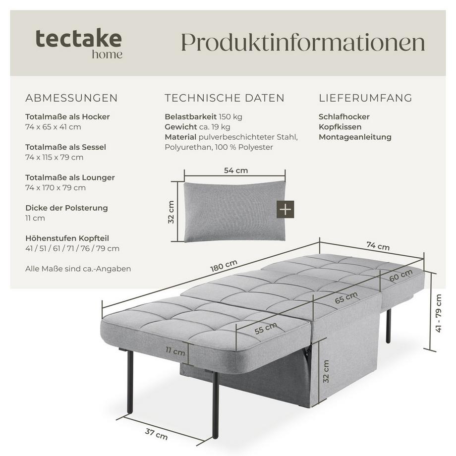 Tectake Schlafhocker Ponto 4 in 1 als Hocker, Sessel, Lounger oder Bett 6-fach verstellbare Rückenlehne  