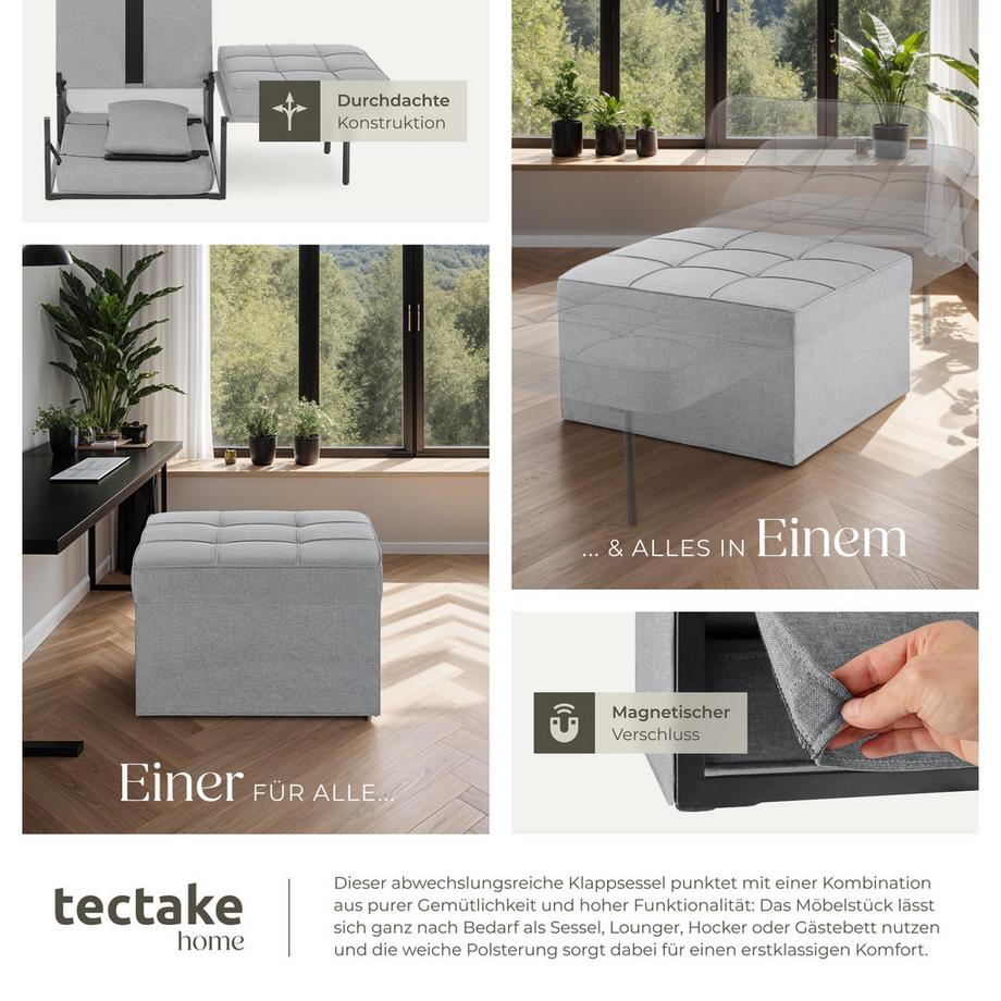 Tectake Schlafhocker Ponto 4 in 1 als Hocker, Sessel, Lounger oder Bett dicke Polsterung mit extra Kopfkissen  