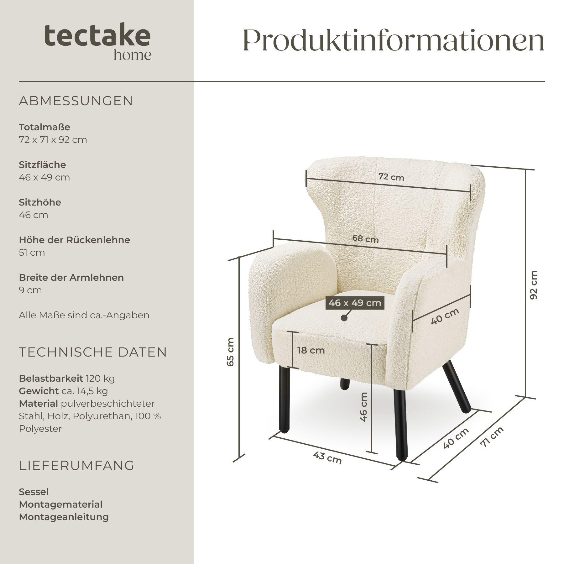 Tectake Sessel Vänersborg dick gepolstert, mit Bouclé-Bezug breite Armlehnen und große, ergonomische Rückenlehne  