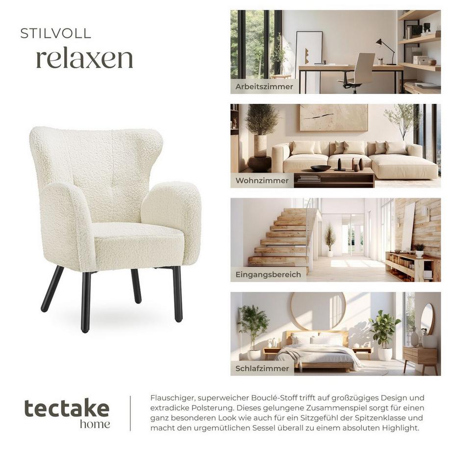 Tectake Sessel Vänersborg dick gepolstert, mit Bouclé-Bezug 2 höhenverstellbare Kunststofffüße, Belastbarkeit 120 kg  