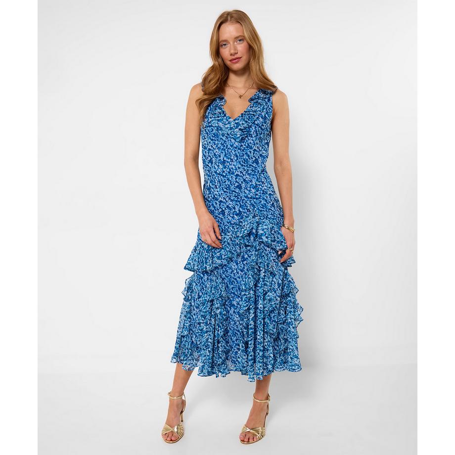 Maxikleid mit Mesh-Overlay und Volant-Detail
