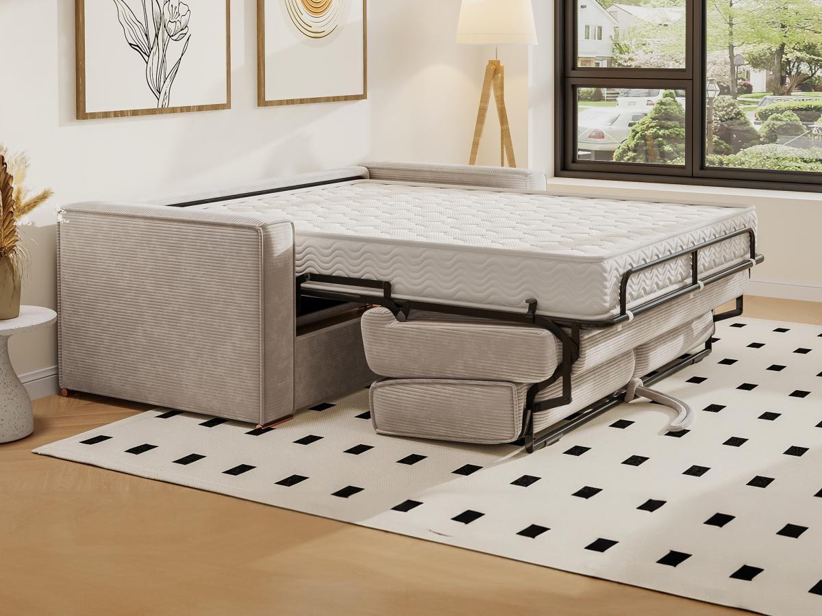 Vente-unique Divano letto 3 posti a ribalta Posto letto 140 cm Materasso 18 cm in Velluto coste Beige - LORETO  