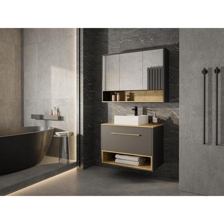 Vente-unique Mobile sospeso per bagno con lavabo da appoggio e armadietto 80 cm Antracite - YANGRA  