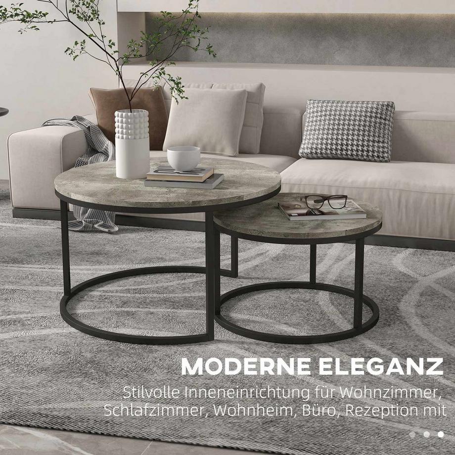 Northio Table basse ronde, lot de 2, table d'appoint empilable aspect marbre, table gigogne avec structure en métal, table de canapé pour salon, chambre à coucher, balcon, gris  
