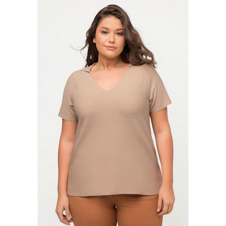 Ulla Popken Maglione Collo Polo Scollo V Mezza Manica Cotone Biologico  