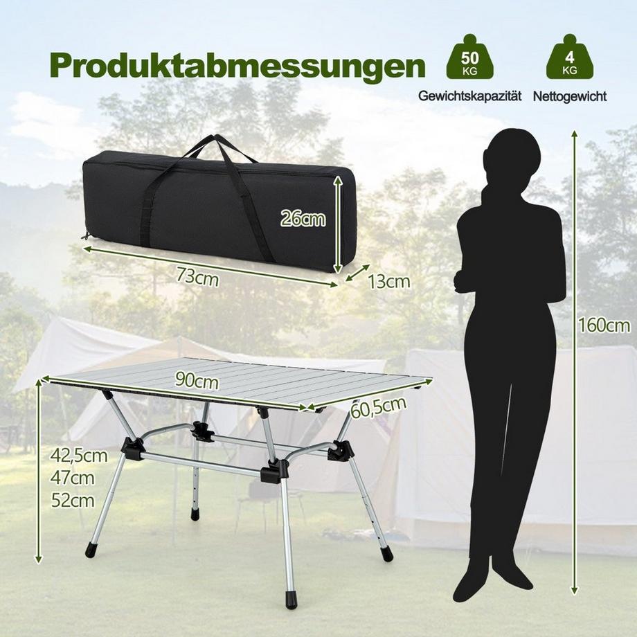 Northix  Table de camping pliante avec sac de transport, 4 niveaux réglables en hauteur 90 x 60,5 x 52 cm argent 