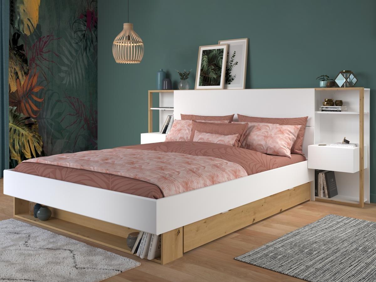 Vente-unique Lit avec chevets et rangements 160 x 200 cm - Coloris : Blanc et naturel + Sommier + Matelas - MISTA  