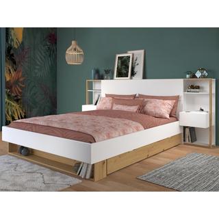 Vente-unique Letto con comodini e scomparti 160 x 200 cm Bianco e Naturale + Rete + Materasso - MISTA  