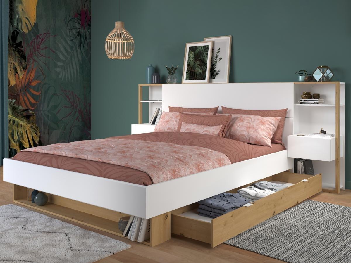 Vente-unique Lit avec chevets et rangements 160 x 200 cm - Coloris : Blanc et naturel + Sommier + Matelas - MISTA  