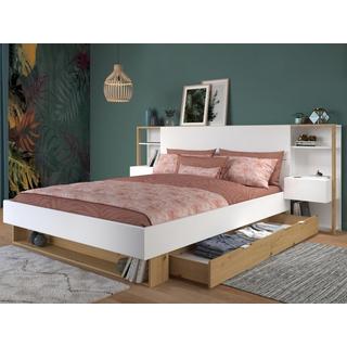 Vente-unique Letto con comodini e scomparti 160 x 200 cm Bianco e Naturale + Rete + Materasso - MISTA  