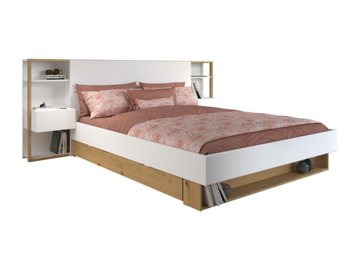 Vente-unique Lit avec chevets et rangements 160 x 200 cm - Coloris : Blanc et naturel + Sommier + Matelas - MISTA  