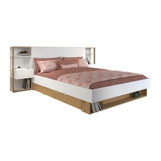 Vente-unique Letto con comodini e scomparti 160 x 200 cm Bianco e Naturale + Rete + Materasso - MISTA  