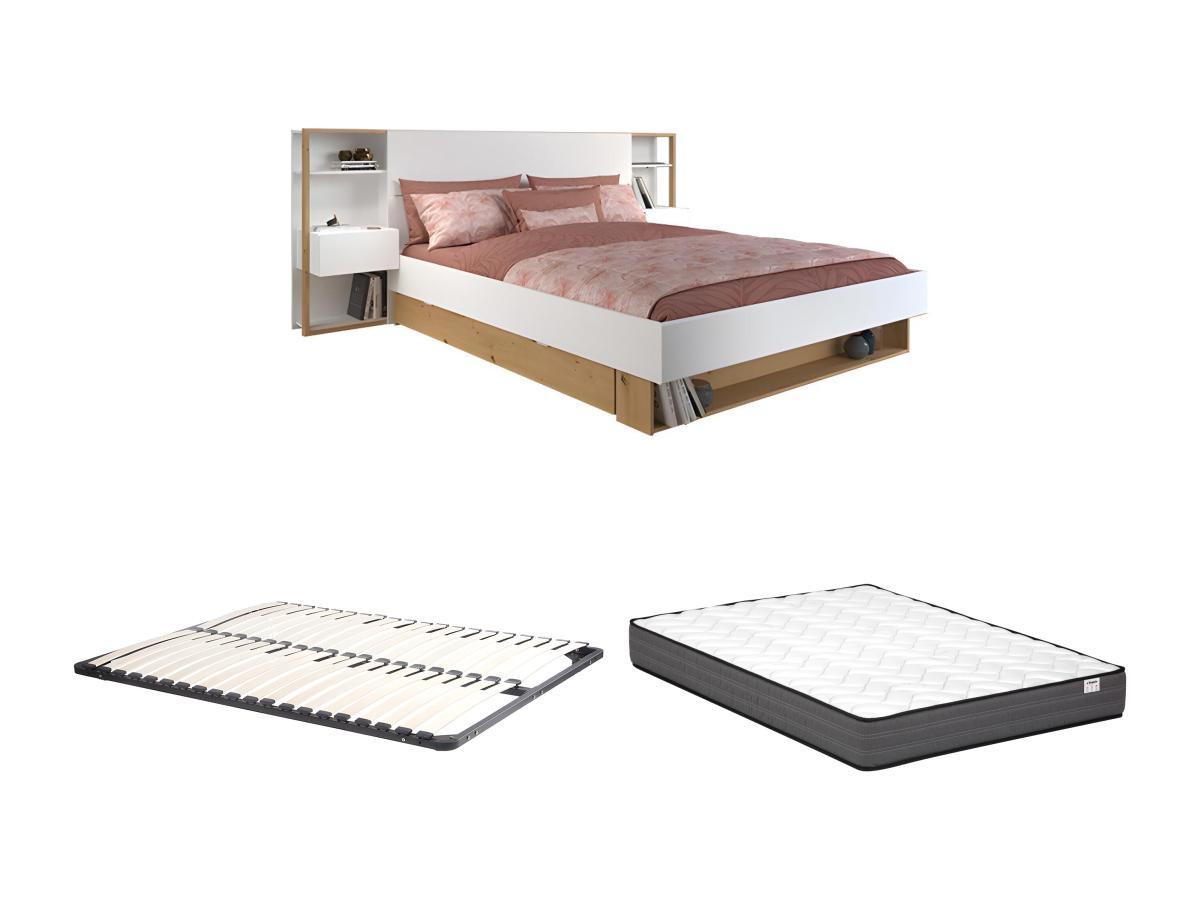 Image of Bett mit Nachttischen & Stauraum + Lattenrost + Matratze - 160 x 200 cm - Weiß & Holzfarben - MISTA Bett mit Nachttischen & Stauraum + Lattenrost + Matratze - 160 x 200 cm - Weiß & Holzfarben - MISTA