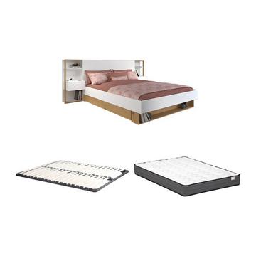 Lit avec chevets et rangements 160 x 200 cm - Coloris : Blanc et naturel + Sommier + Matelas - MISTA