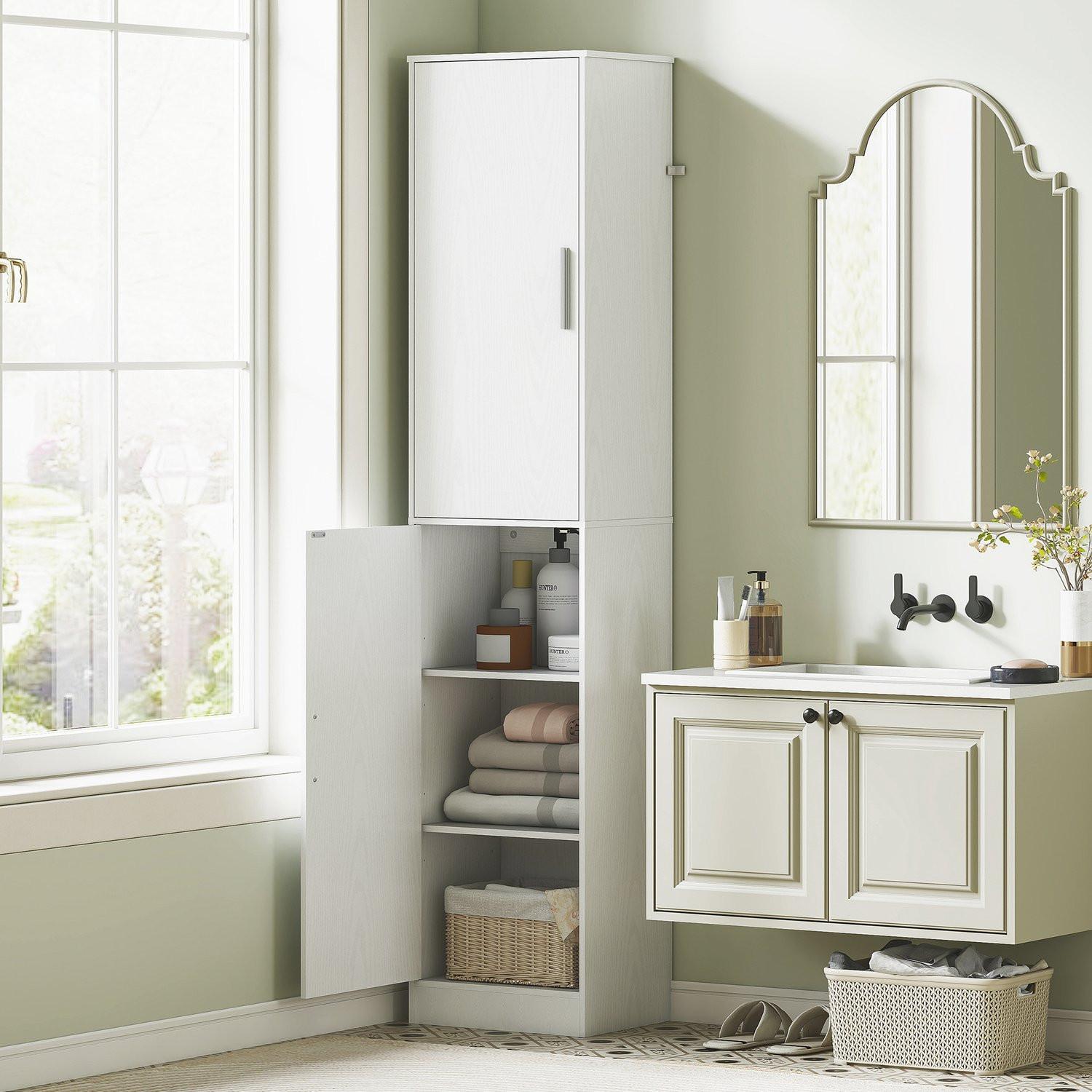 Northio Mobiletto da bagno alto 180 cm, mobiletto da bagno stretto con 2 ante, 4 ripiani regolabili, truciolare, MDF, bianco  