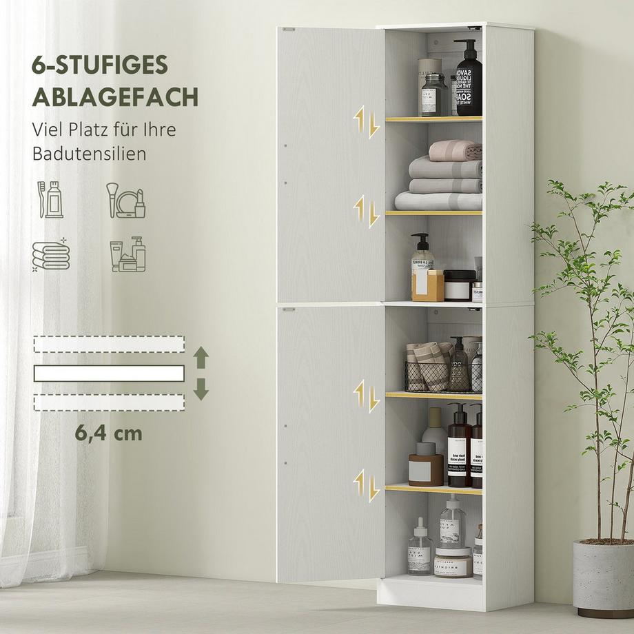 Northio 180 cm hoher Badezimmerschrank, schmaler Badschrank mit 2 Türen, 4 verstellbare Regale, Spanplatte, MDF, Weiß  