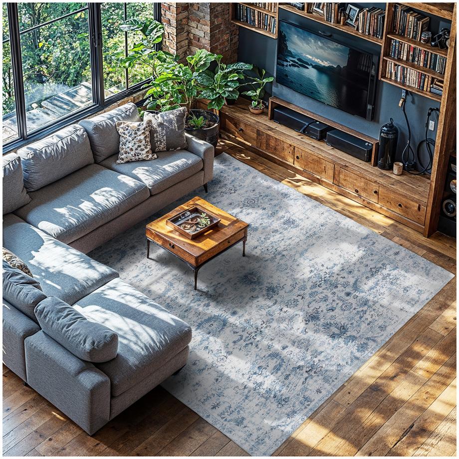 Tapis vintage design à poils courts AMARA en laine synthétique et feutre