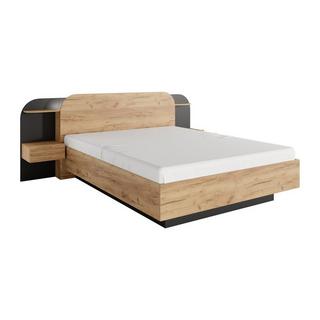 Vente-unique Bett mit Nachttischen + Lattenrost + Matratze - 160 x 200 cm - Mit LED-Beleuchtung - Holzfarben & Schwarz - JUVISIA  