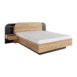 Vente-unique Bett mit Nachttischen + Lattenrost + Matratze - 160 x 200 cm - Mit LED-Beleuchtung - Holzfarben & Schwarz - JUVISIA  