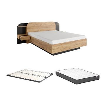 Letto con comodini 160 x 200 cm Con LED  Naturale e Nero + Rete a doghe + Materasso  - JUVISIA